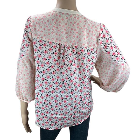 LC Lauren Conrad Women's Multicolor Floral 3/4 Sleeve V-Neck Blouse Top Size M - Picture 4 of 6